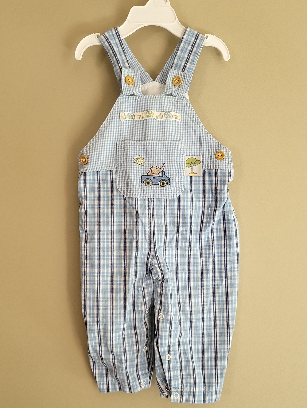 Vintage blue plaid cotton embrodiered overalls